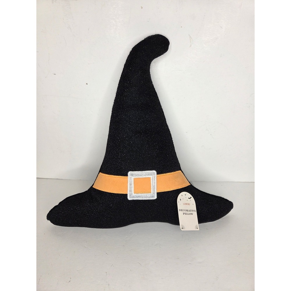 Halloween Witch Hat Shaped Decorative Pillow Black Orange Sparkle Shimmer Plush